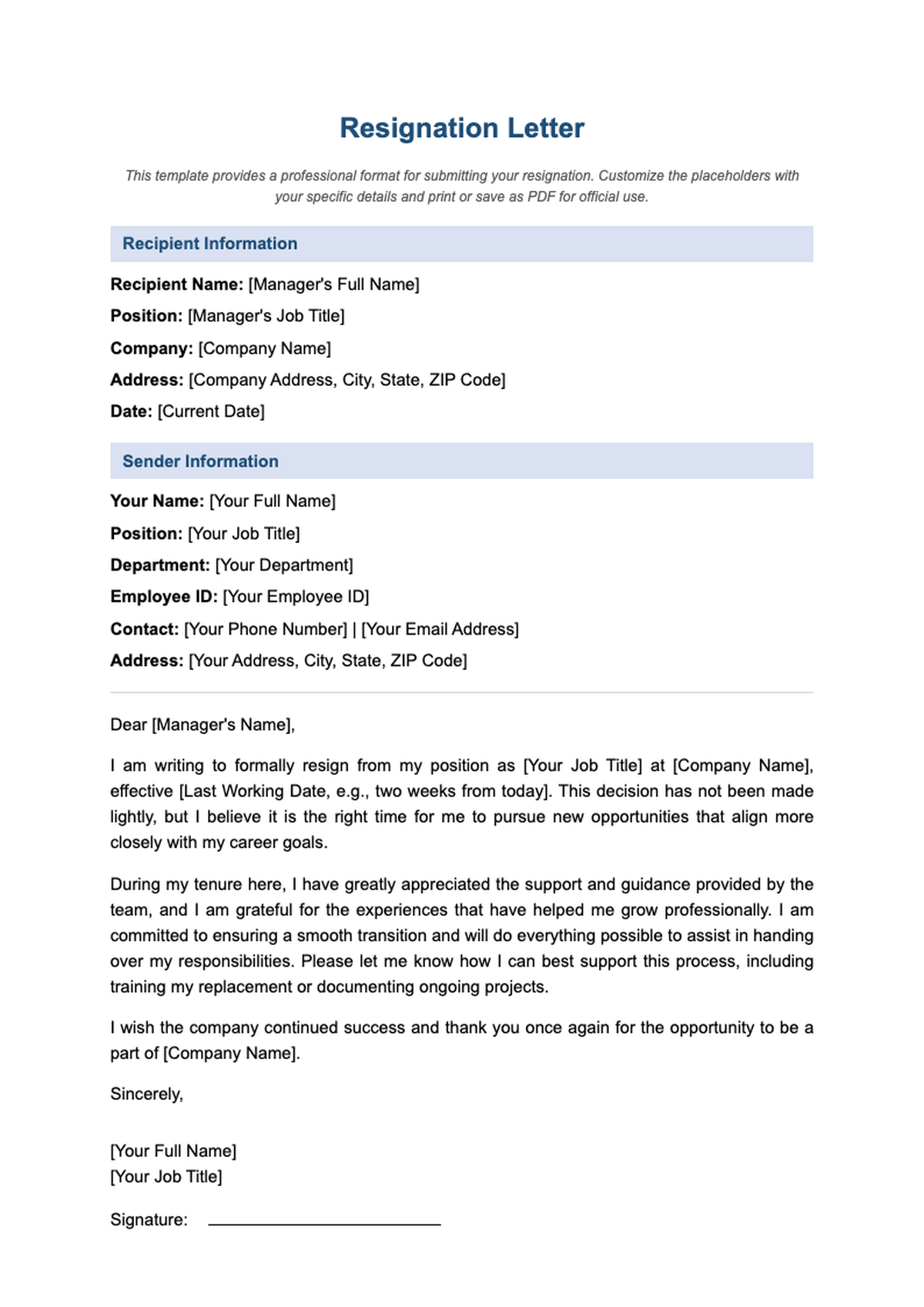 General resignation letter sample with placeholder fields and download prompt_variant_1
